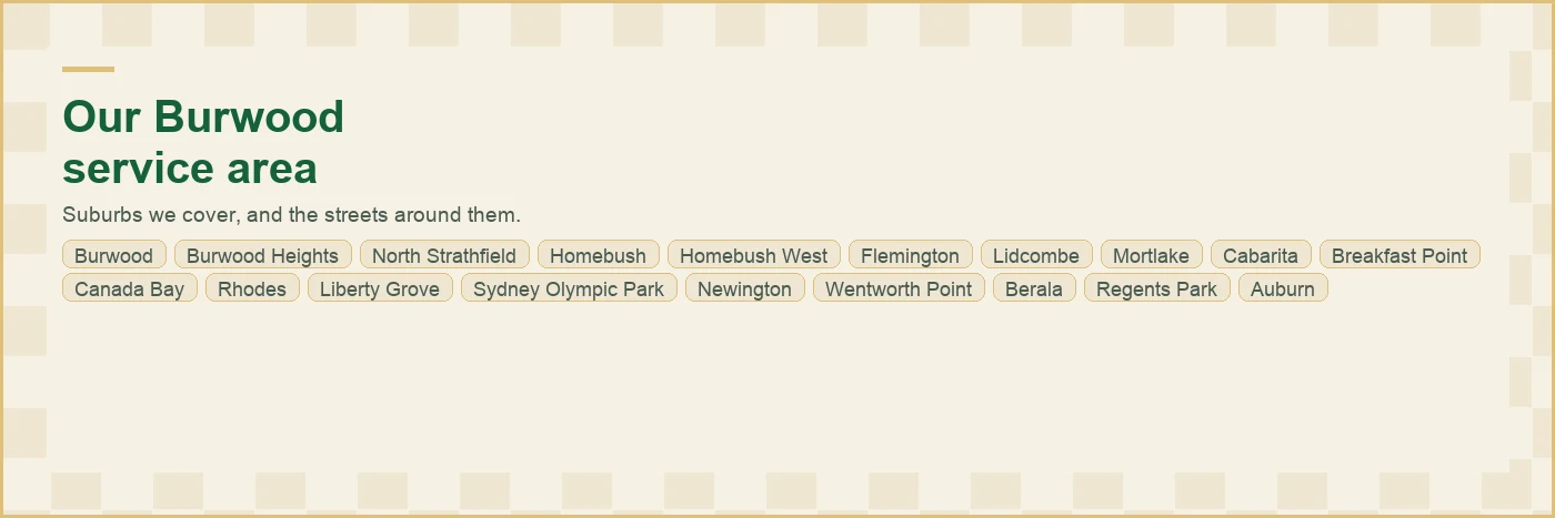 Map of the Burwood plumbing service area with all 20 suburbs we cover labelled, from Auburn and Berala through Burwood and North Strathfield to Flemington, Lidcombe, Wentworth Point and Newington